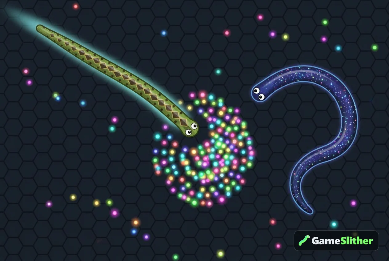 Duas cobras correndo para os pellets deixados por uma cobra eliminada na arena