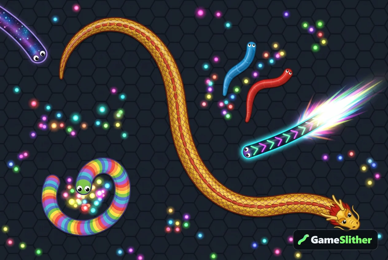 Partida de jogo da cobrinha online sem baixar com várias cobras coloridas disputando pellets no navegador