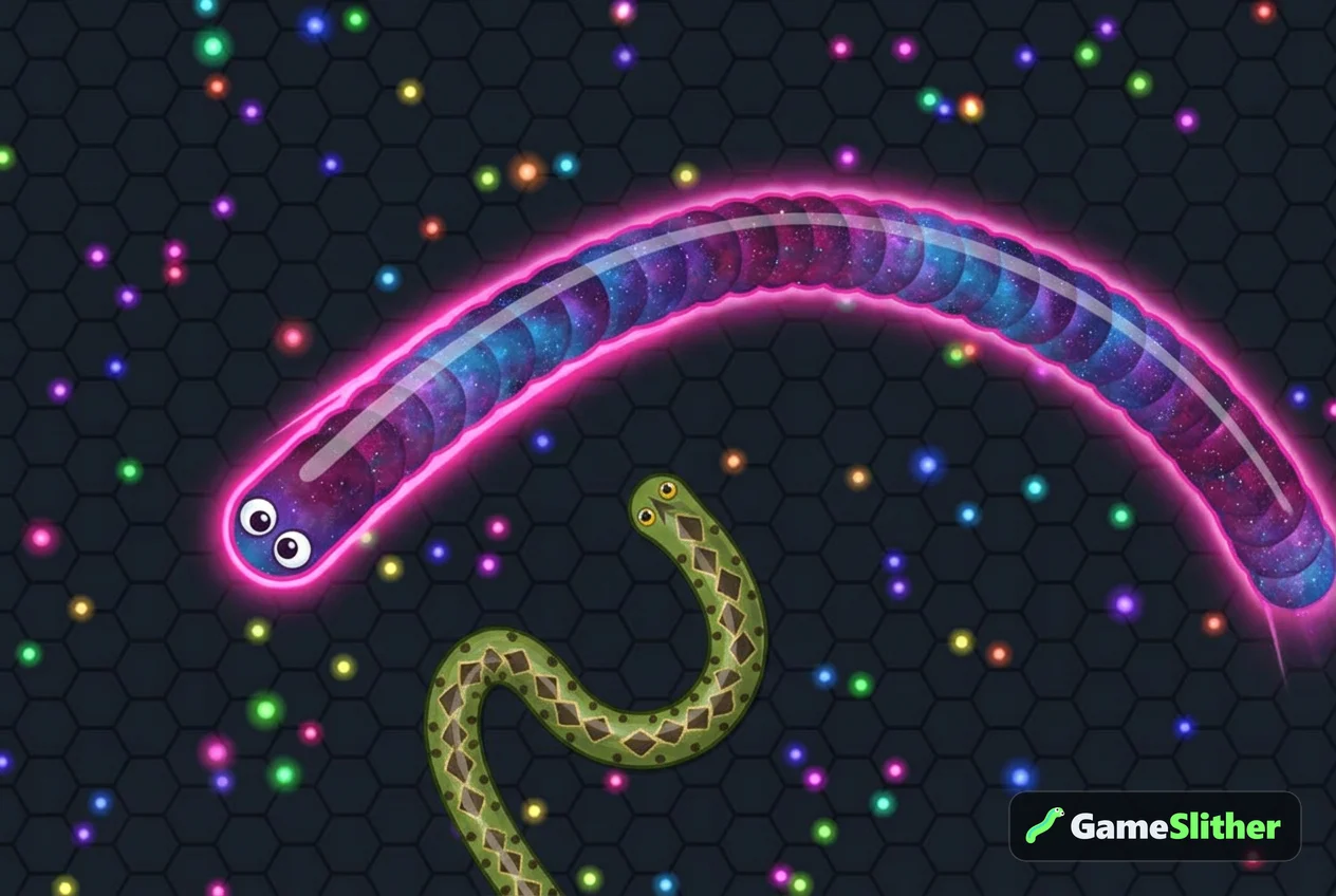 Un long serpent Galaxy accélère en laissant une traînée lumineuse tandis qu'un serpent plus petit l'évite