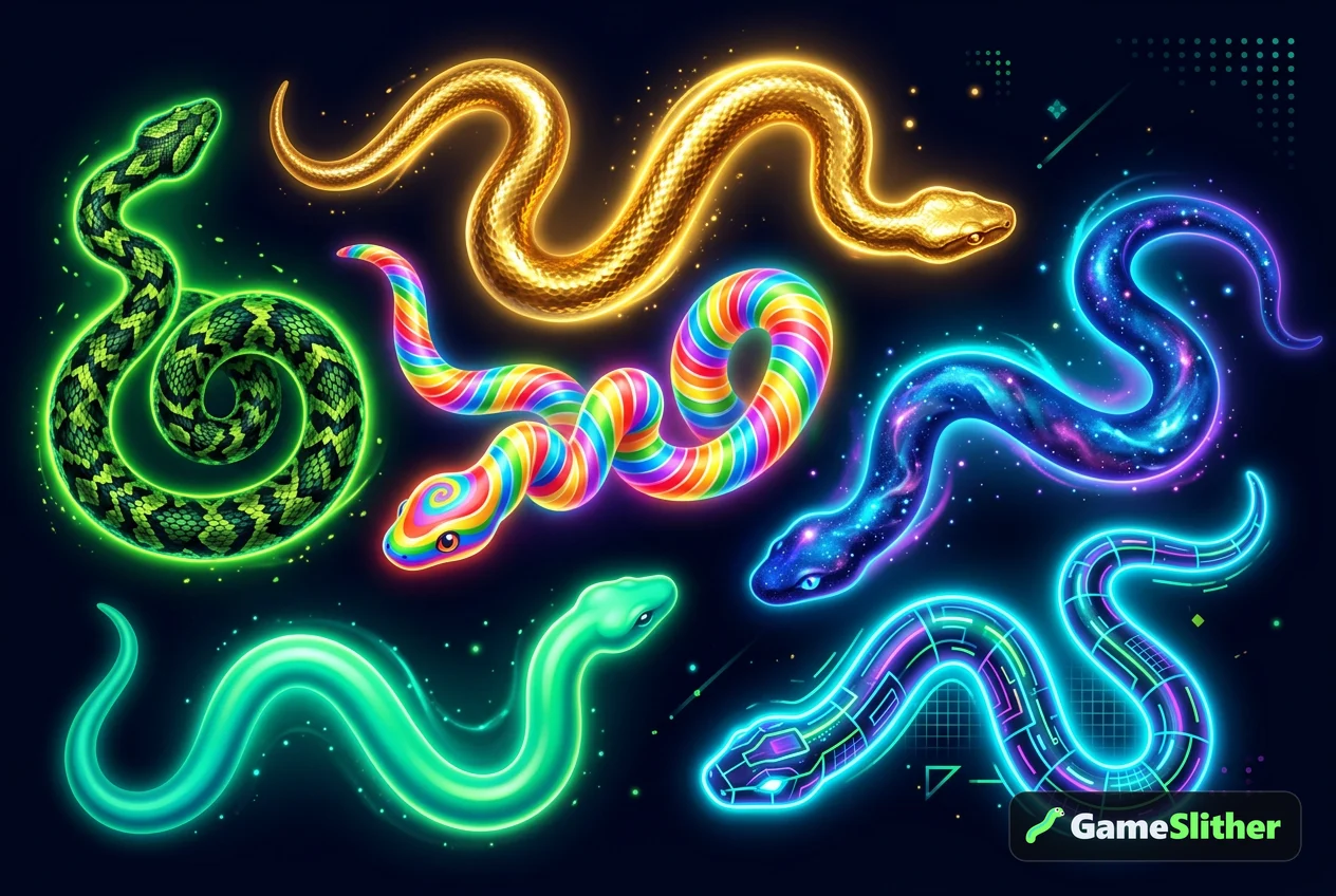 Seis serpientes con diferentes diseños y colores sobre un fondo oscuro