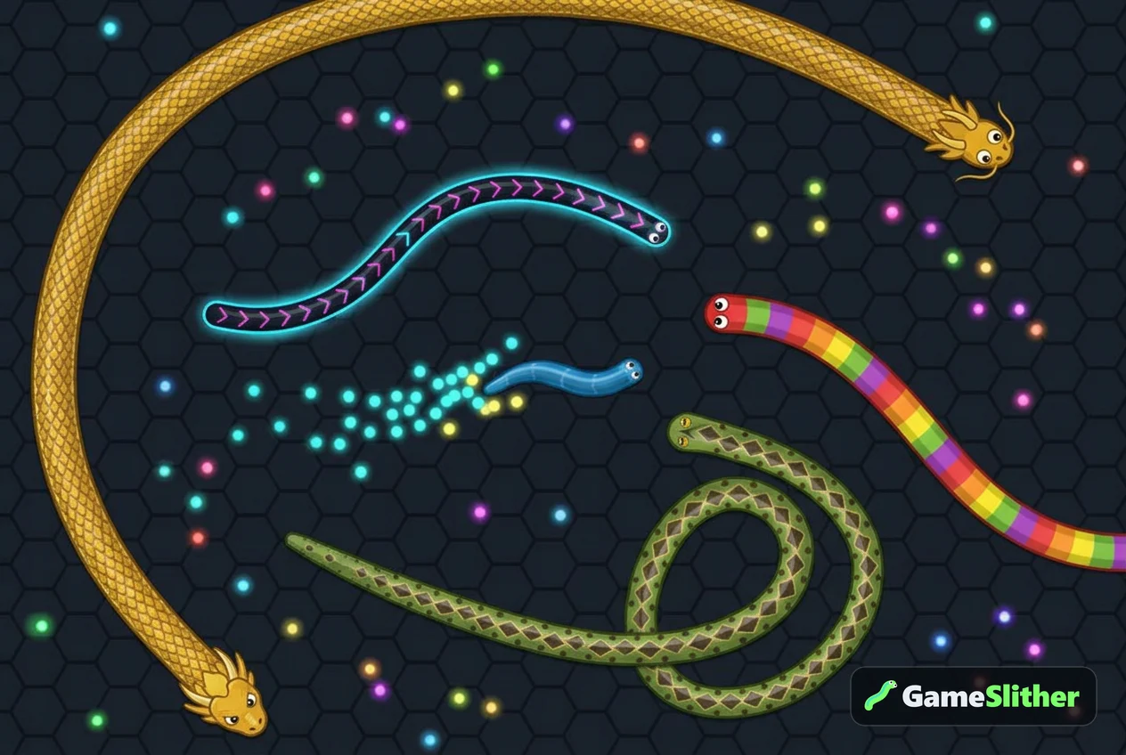 Small snake eating pellets among larger rivals in a multiplayer worm game online arena