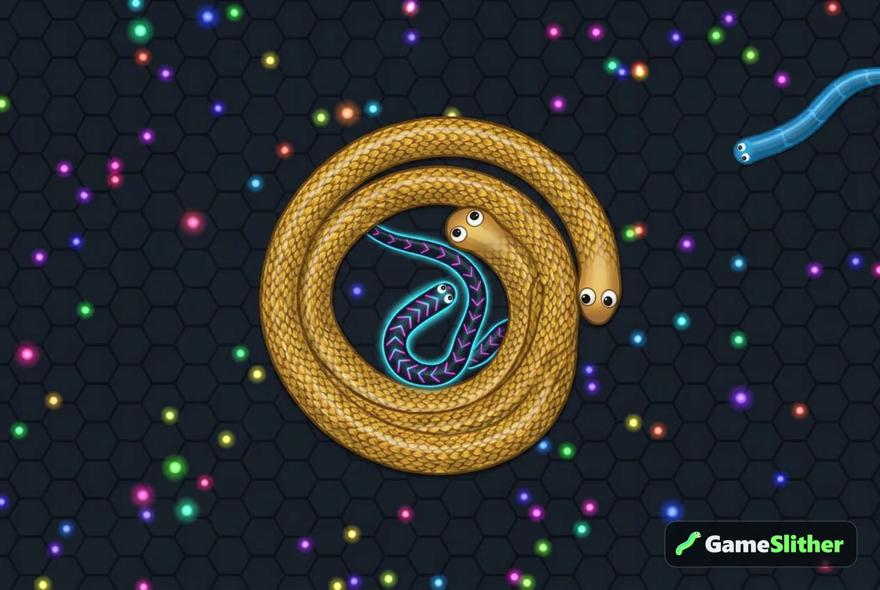 A long golden snake coiling around a smaller neon snake in a private room match