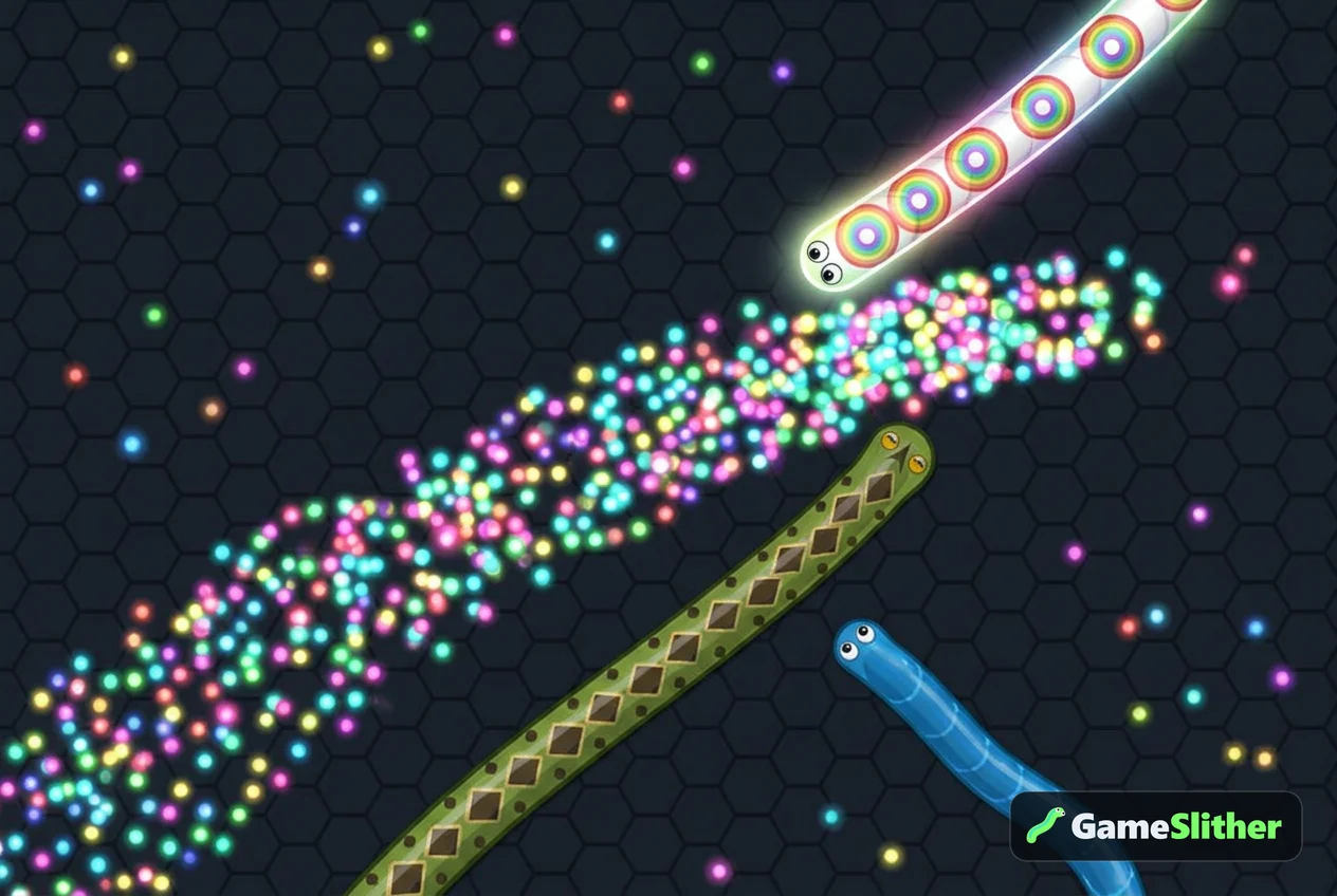 Three snakes racing for the pellets dropped by a defeated snake during a tournament round
