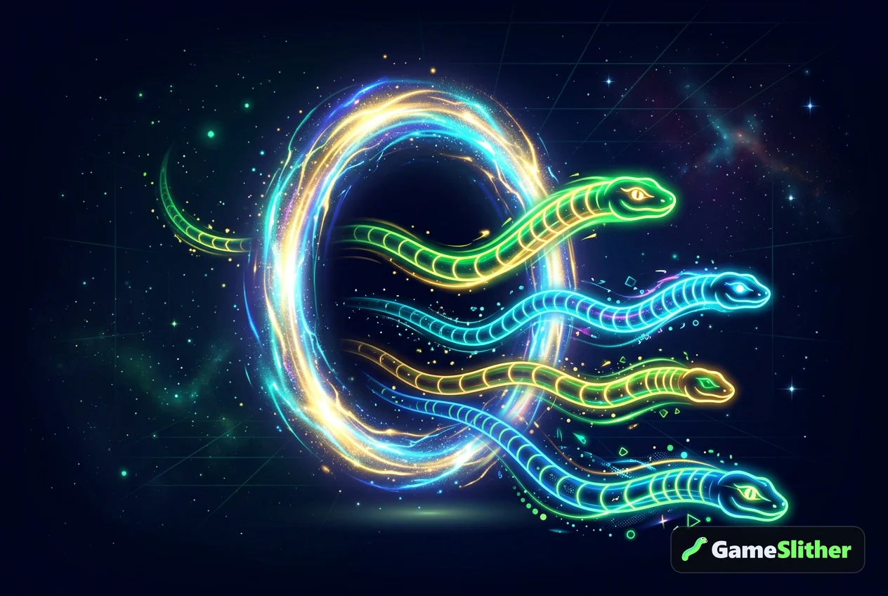 Four glowing neon snakes entering a luminous portal ring, symbolising friends joining a private room