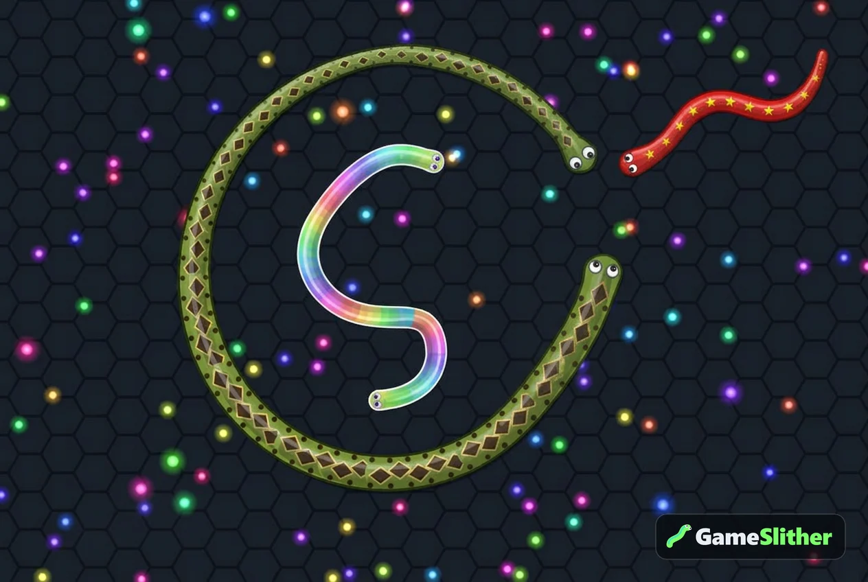A large snake coiling around a smaller one while a third snake waits nearby