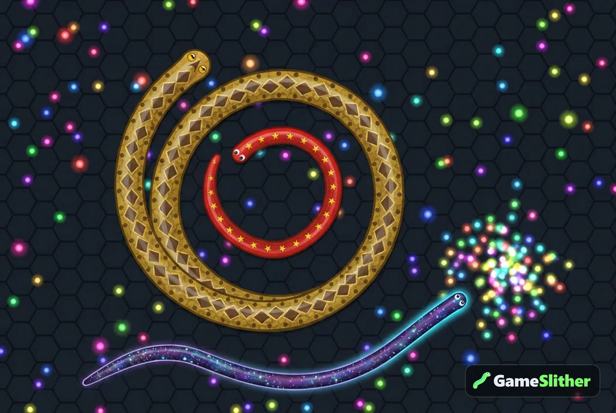 Large golden snake coiling around a smaller snake while another races toward scattered pellets
