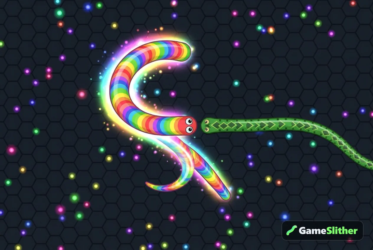 A boosting snake cutting off a smaller rival snake in a browser snake game