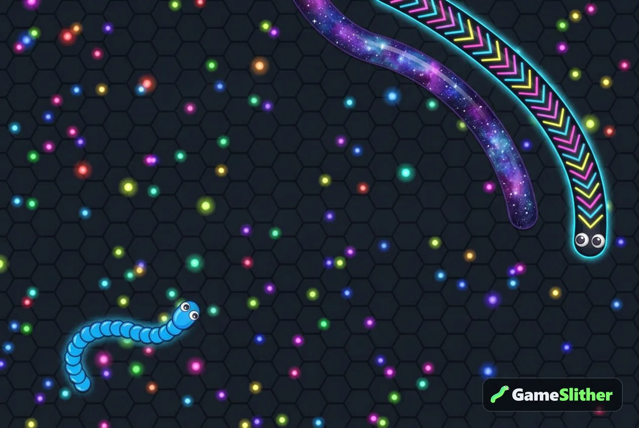 Small blue snake collecting glowing pellets, illustrating how to play slither io online for beginners