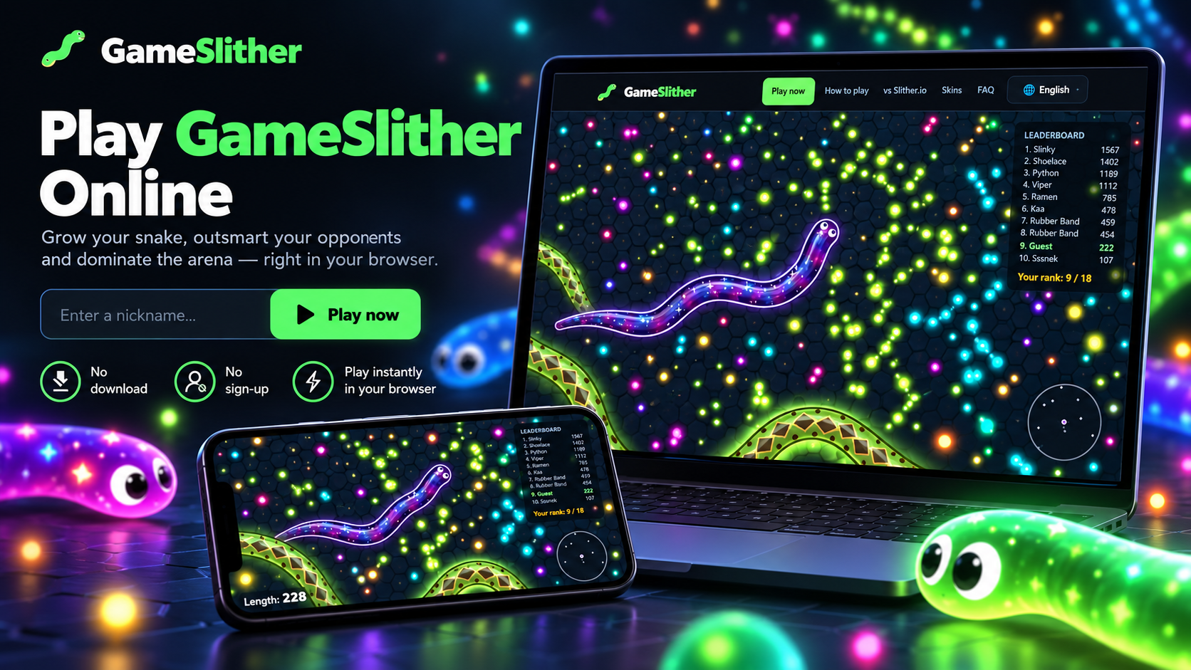 Glowing neon snakes racing across a dark arena, illustrating how to play a slither game online free no download