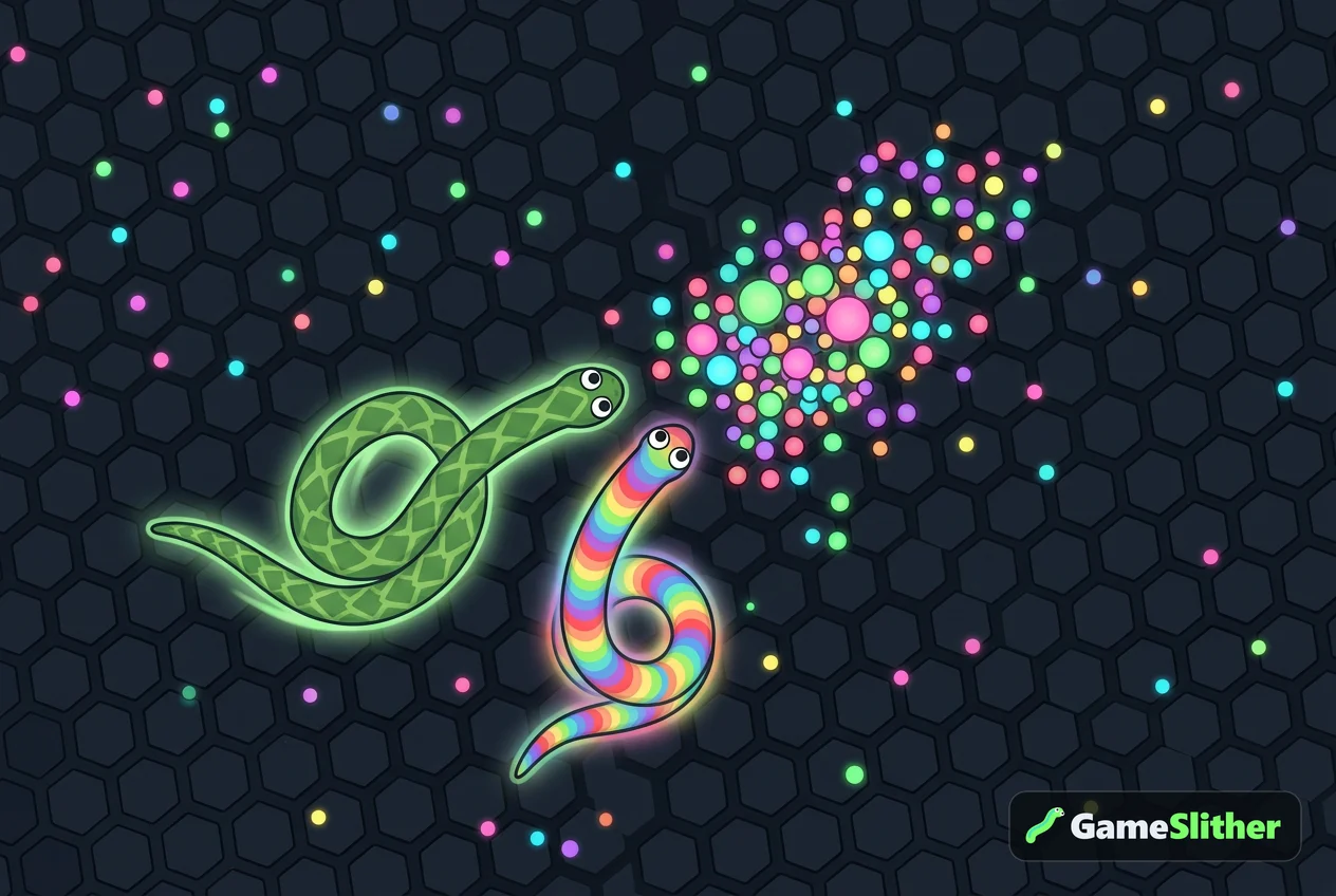 Duas cobrinhas disputando os pellets deixados por uma cobra derrotada na arena