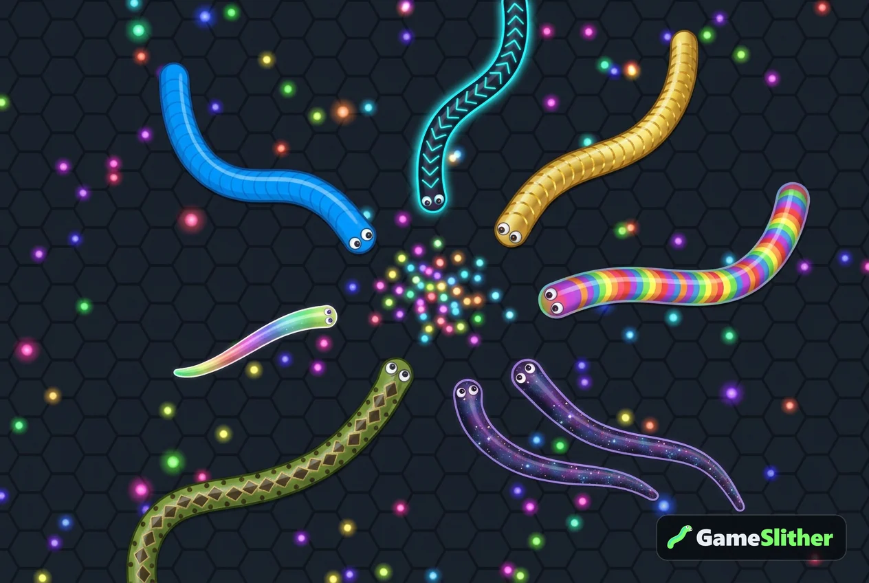 Seis cobrinhas com skins diferentes do jogo da cobrinha slither se aproximando de pellets brilhantes