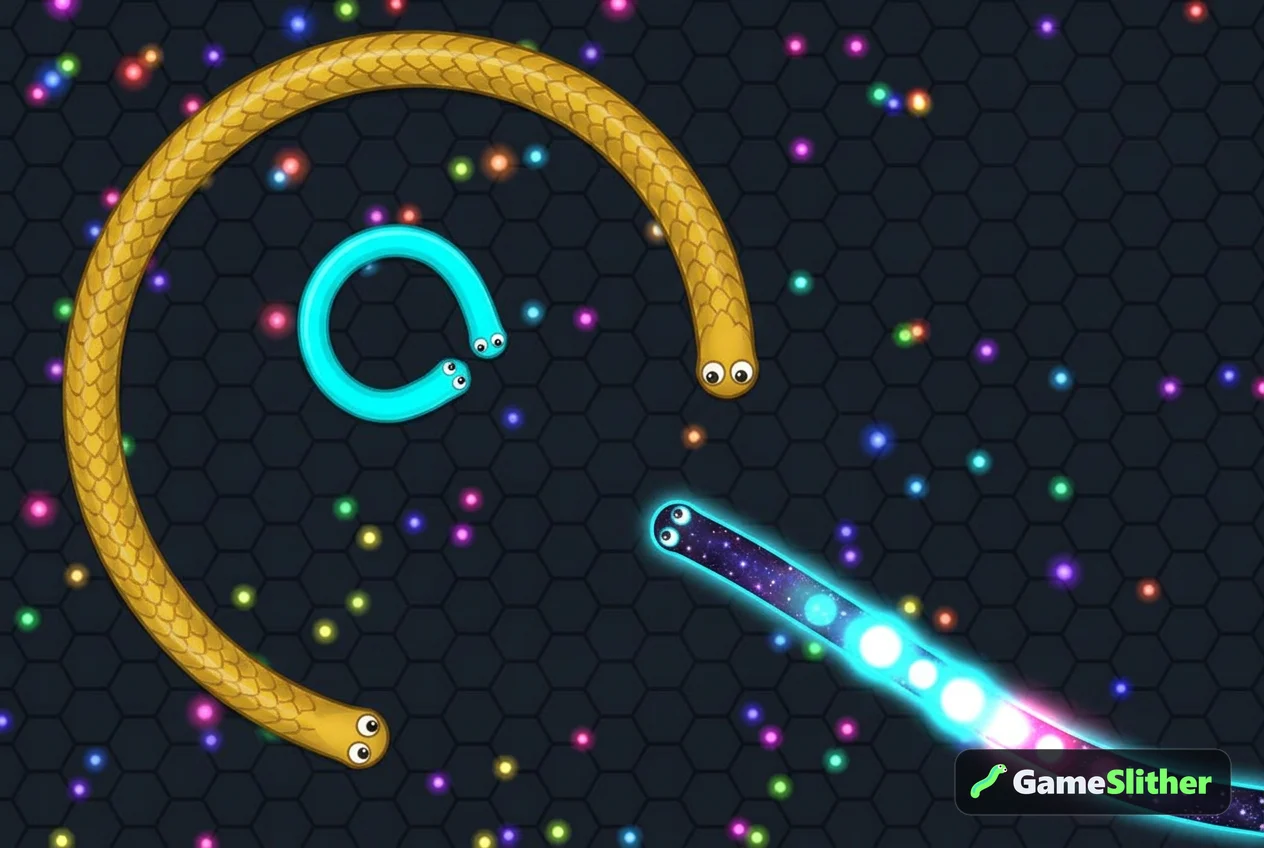 Cobra dourada cercando uma cobra neon menor enquanto outra cobra escura usa boost