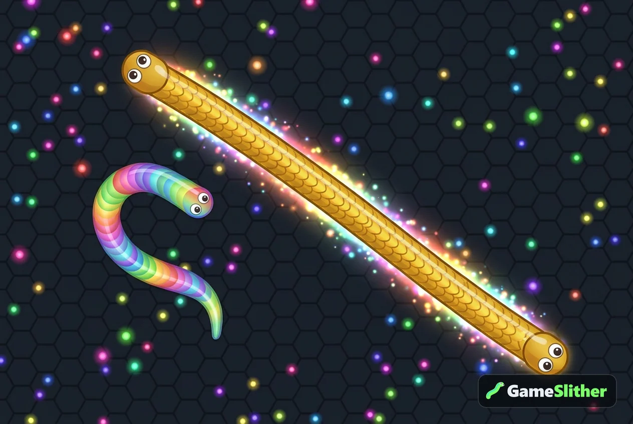 A golden snake boosting with a glowing trail while a smaller candy-coloured snake swerves to avoid it