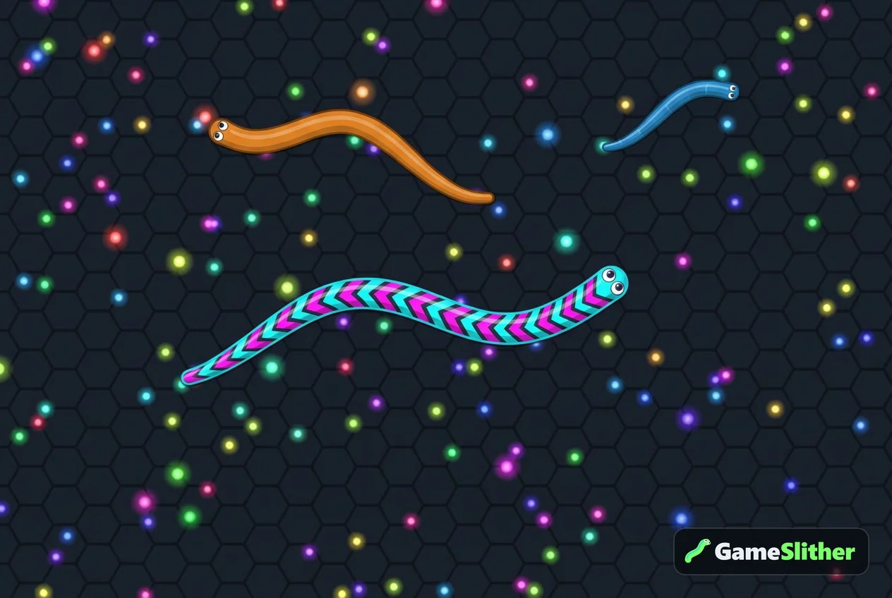 Slither io chromebook gameplay scene with a neon snake collecting glowing pellets in an open arena