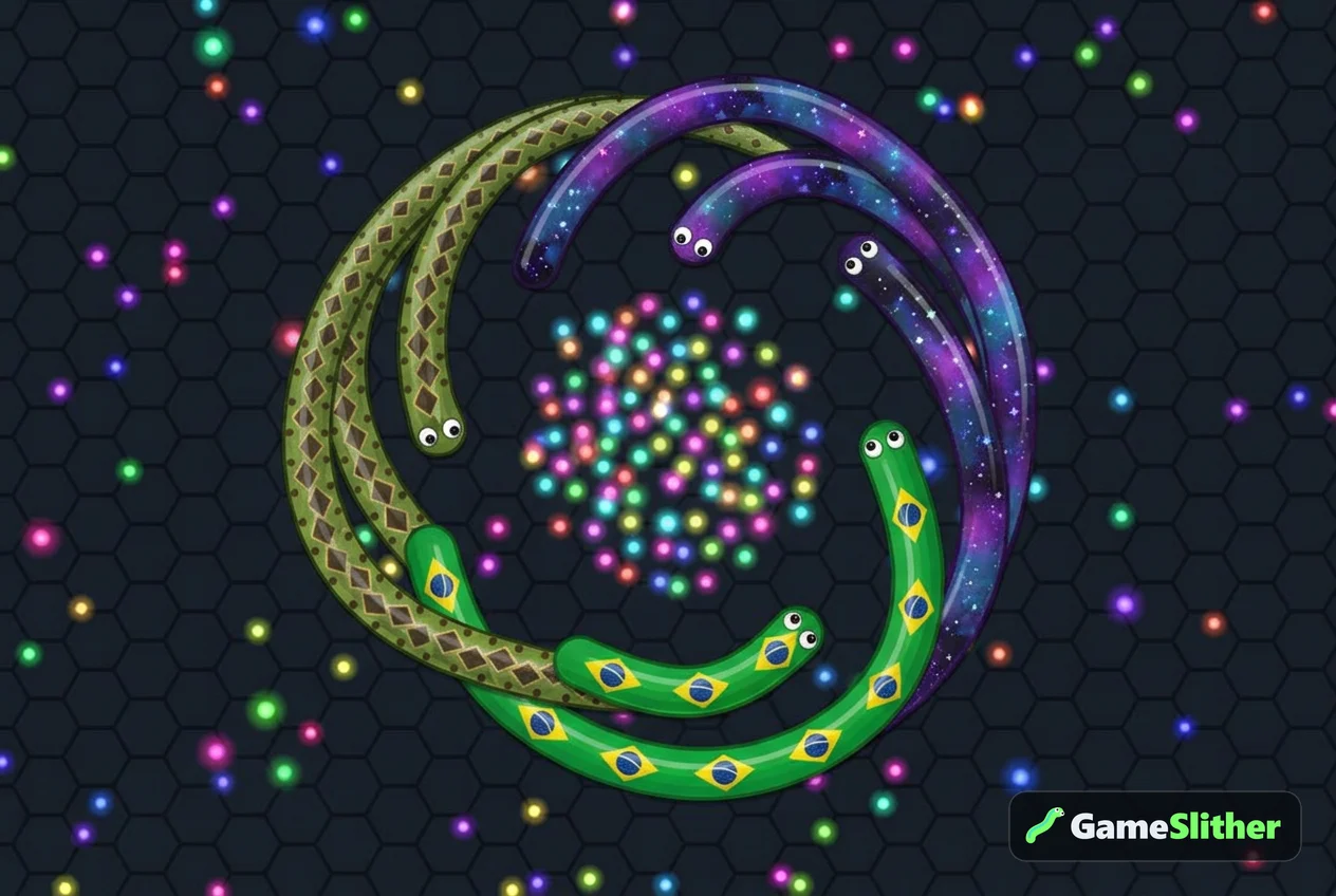Three snakes with different skins circling a cluster of pellets in a small private room arena