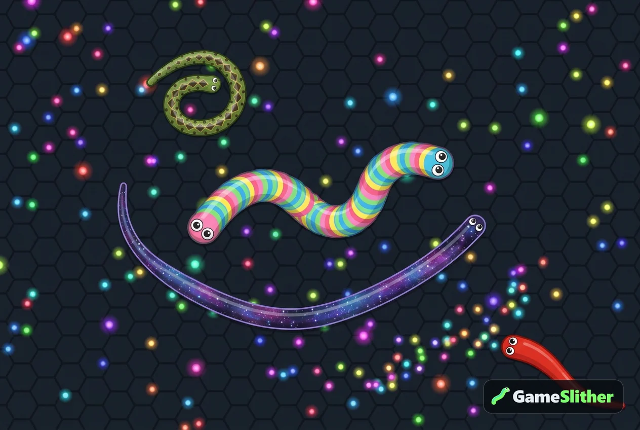 Three snakes reacting differently around a Rainbow Candy snake, showing distinct bot behaviours