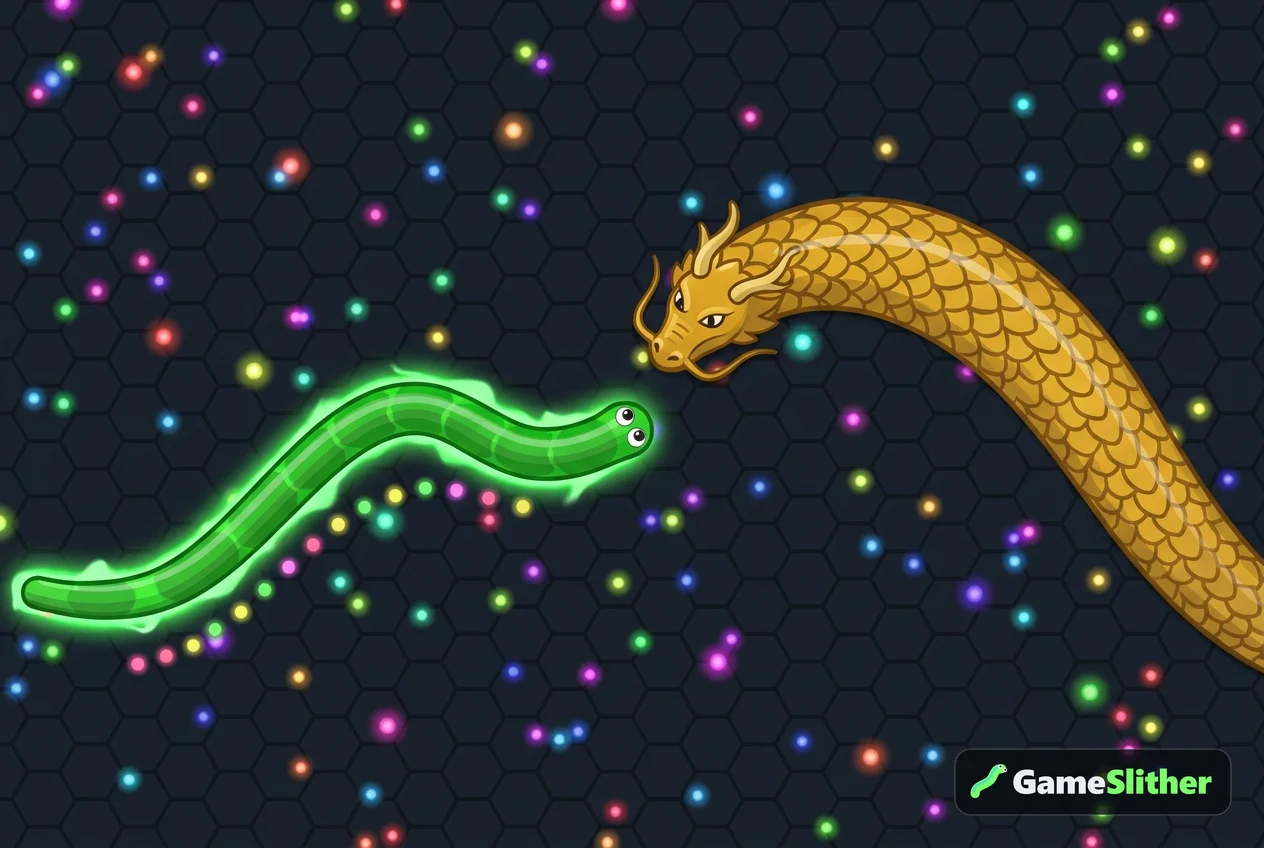 A green snake boosting with a glowing trail while a larger golden snake moves in to intercept