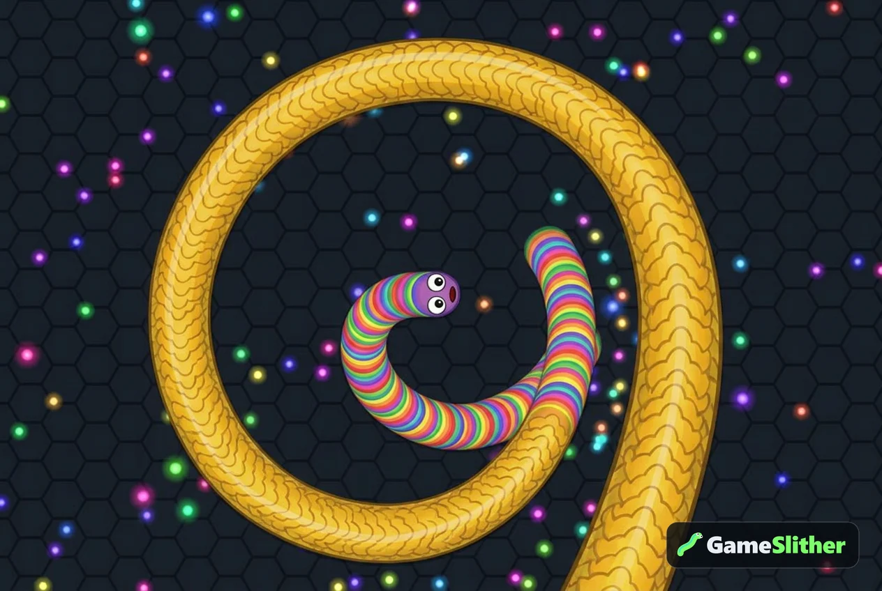 A small Rainbow Candy snake turning sharply to escape the body of a much longer Golden Dragon snake