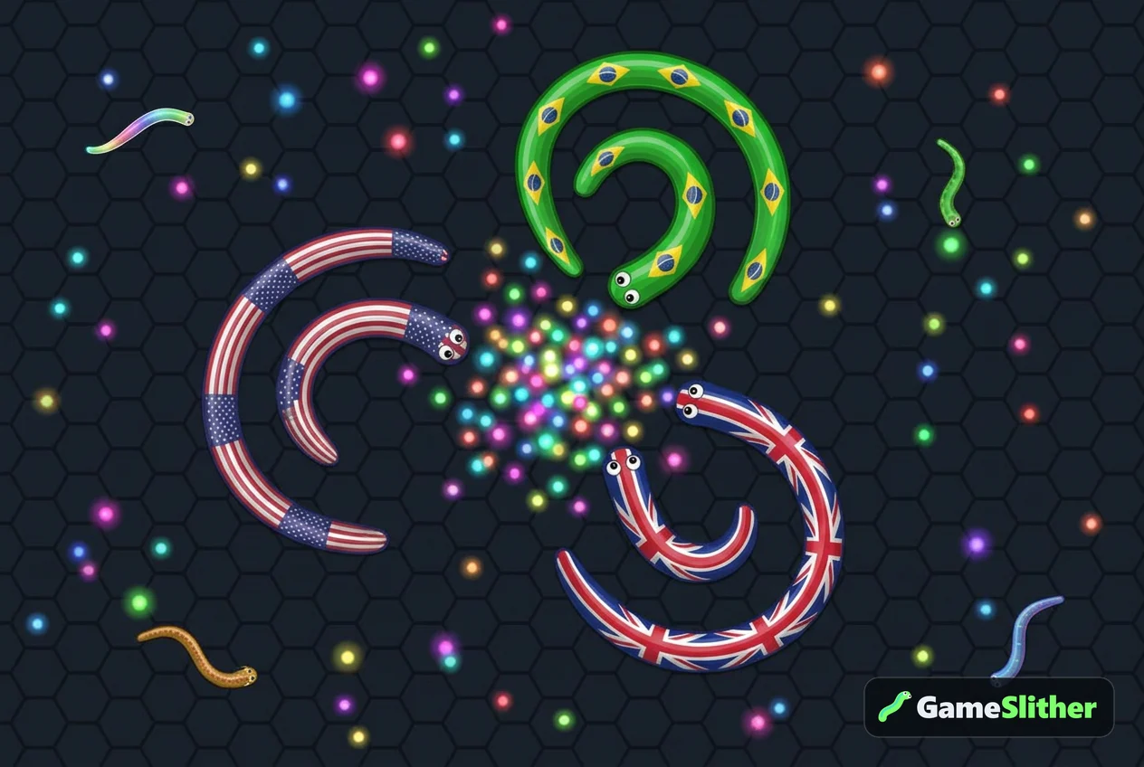Three country-flag snakes racing in spirals for a dense cluster of pellets left by a defeated snake
