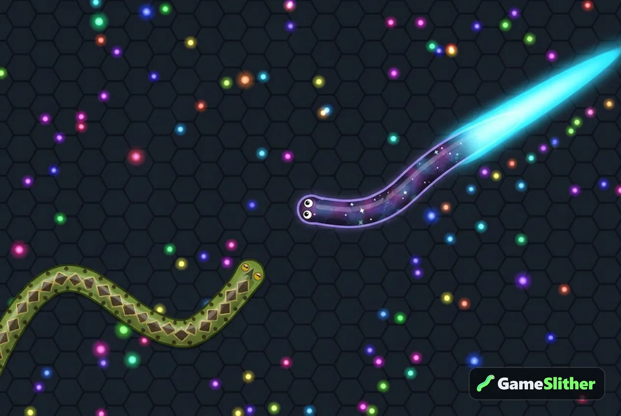A Galaxy snake boosting with a glowing trail while a Jungle Python snake follows behind