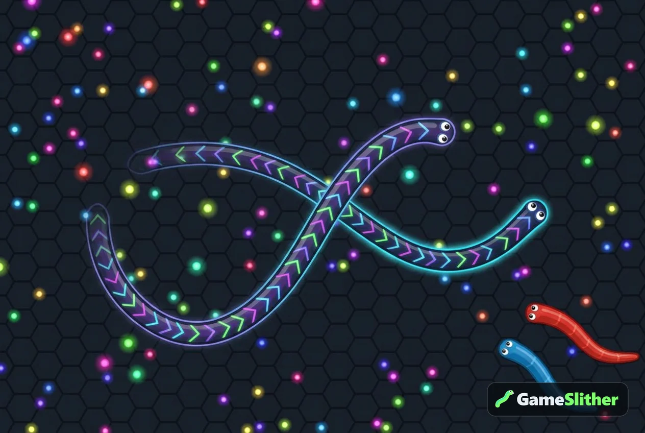 Slither io mobile browser gameplay: a glowing Neon Cyber snake eating pellets as two smaller snakes approach