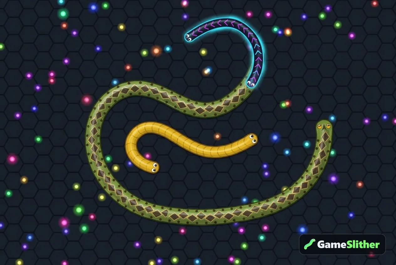 A large snake curling near a tiny snake while another snake steers away in a snake io arena