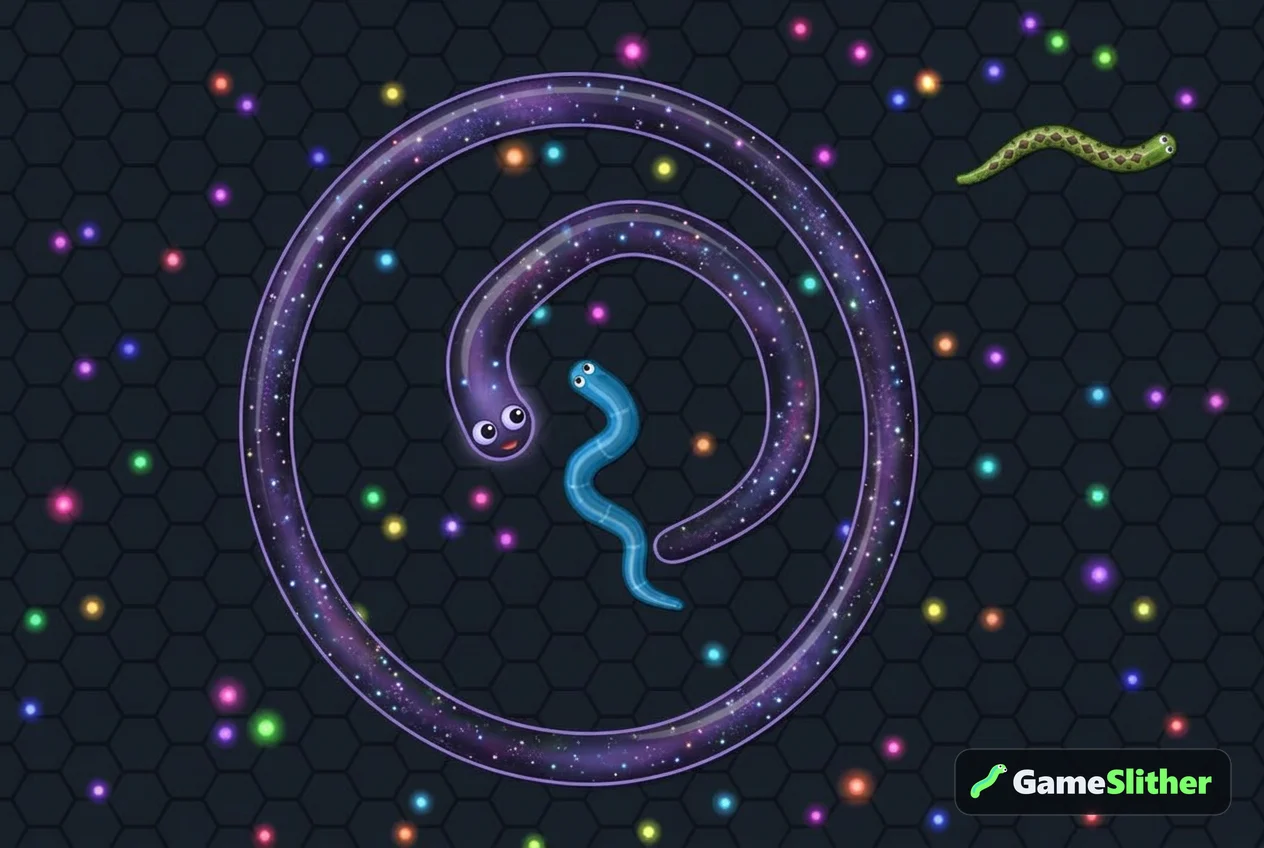 A long Galaxy snake coiling around a smaller snake in a multiplayer snake game