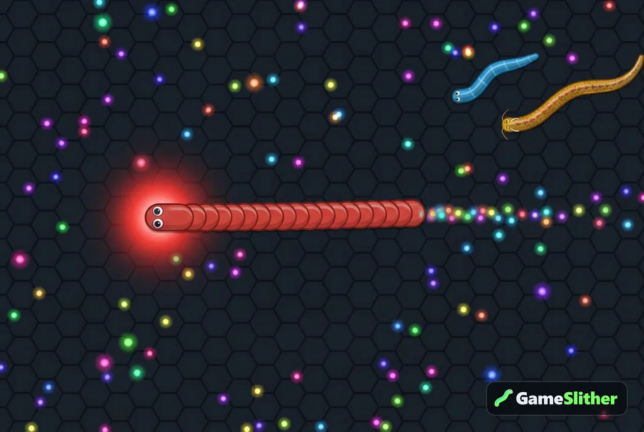 A snake boosting with a bright glow and dropping pellets behind it in a browser snake game