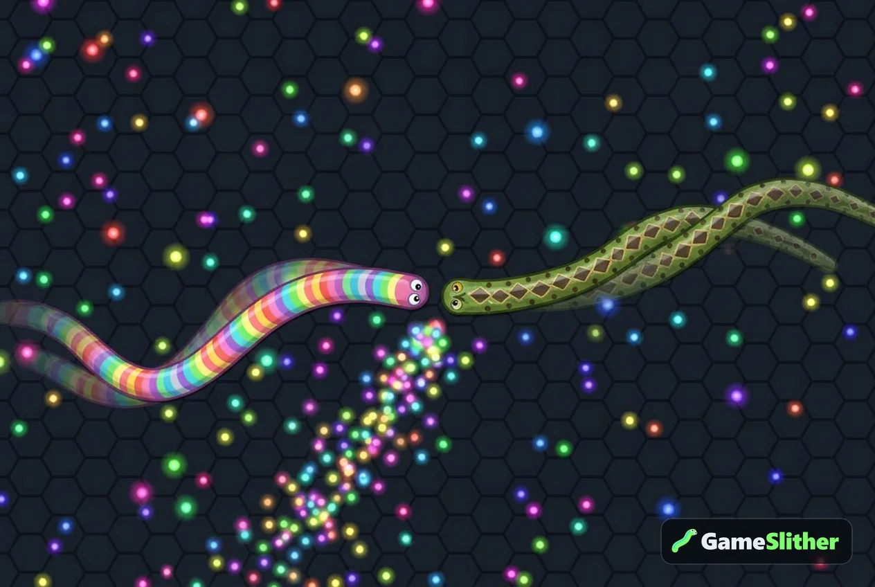 Two snakes racing toward the glowing pellets left behind by a defeated snake