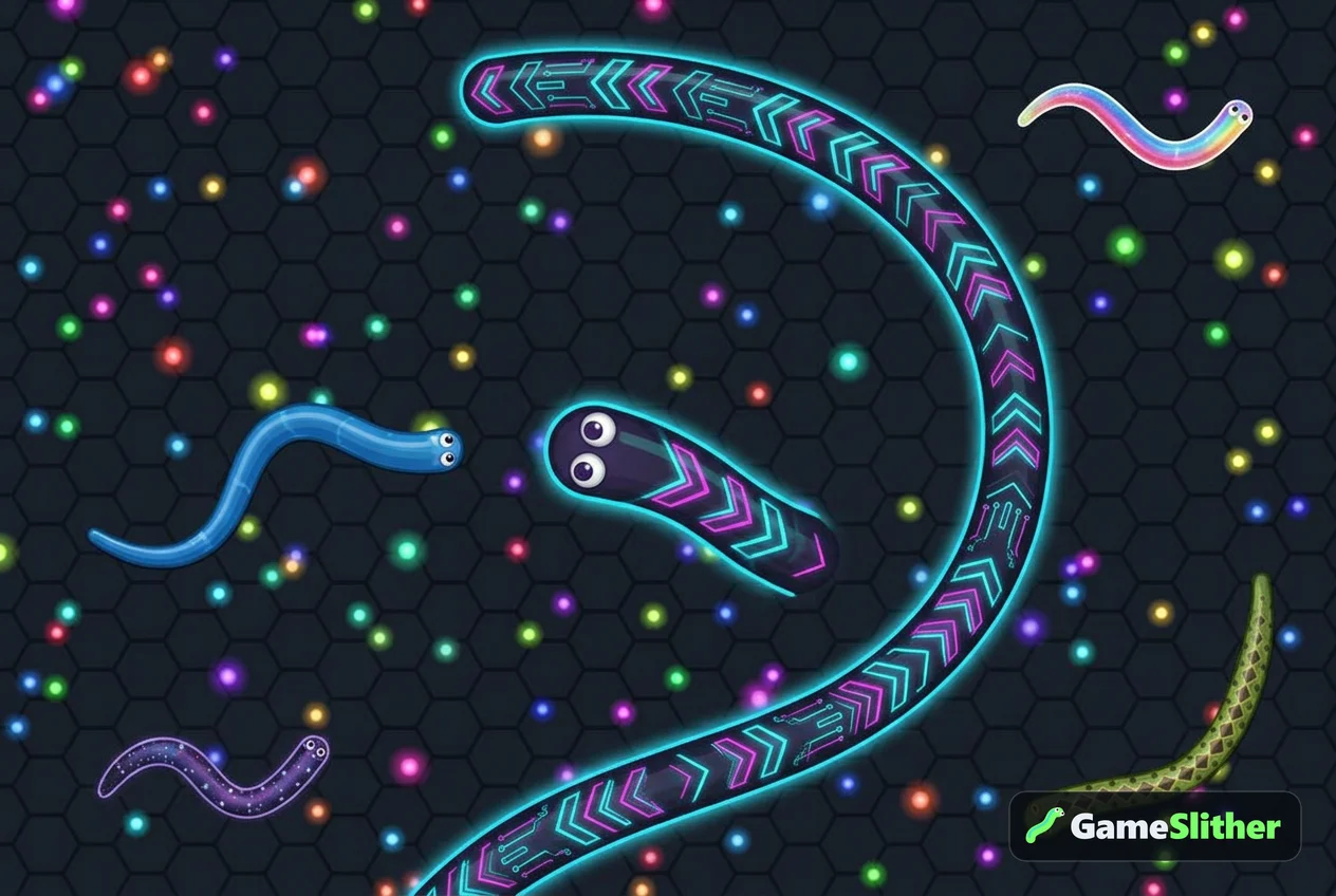 Top-down snake arena illustrating common slither io terms like cut off and pellets