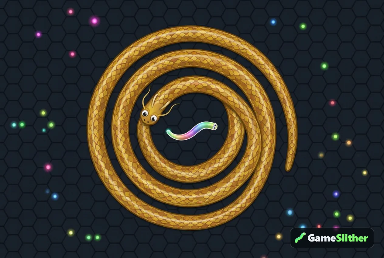 A large golden snake coiling around a smaller snake trapped inside the loop