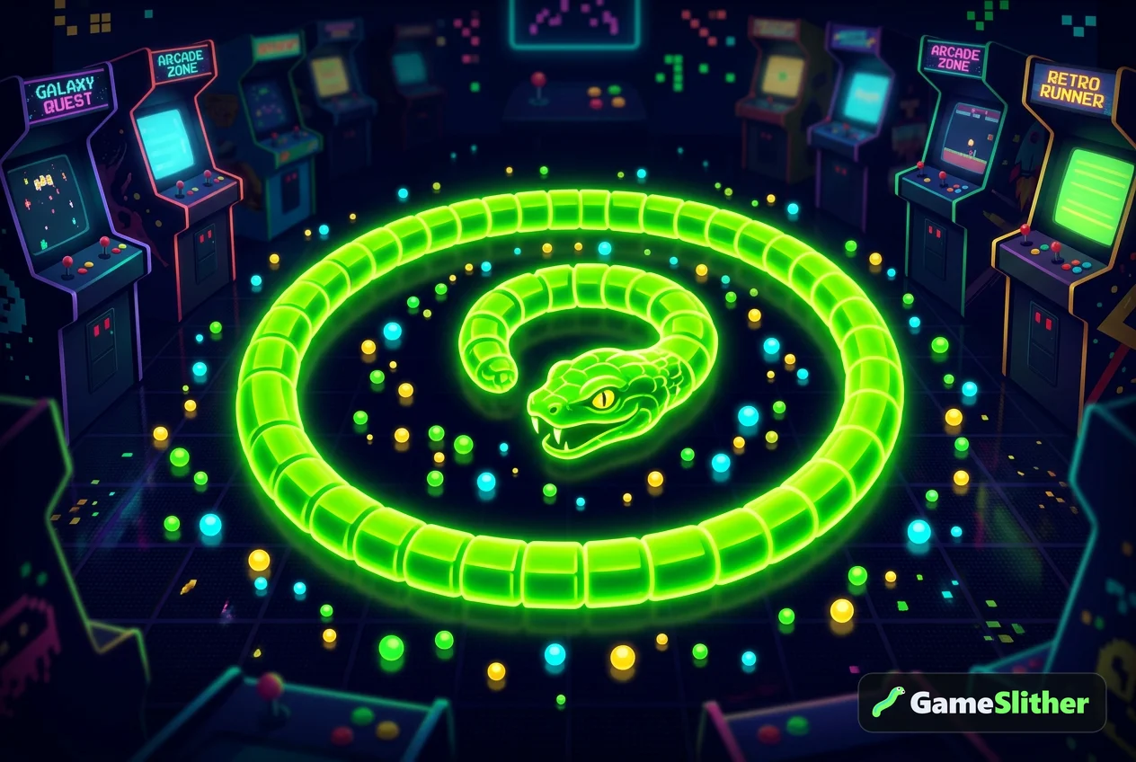 Glowing neon snake coiling around pellets, illustrating slither io tips to get big