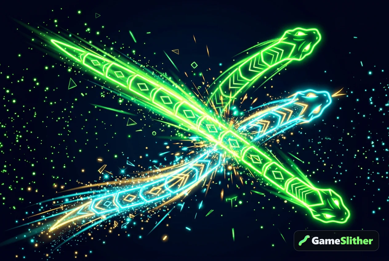 Two neon snakes crossing paths, showing a cut-off intercept manoeuvre