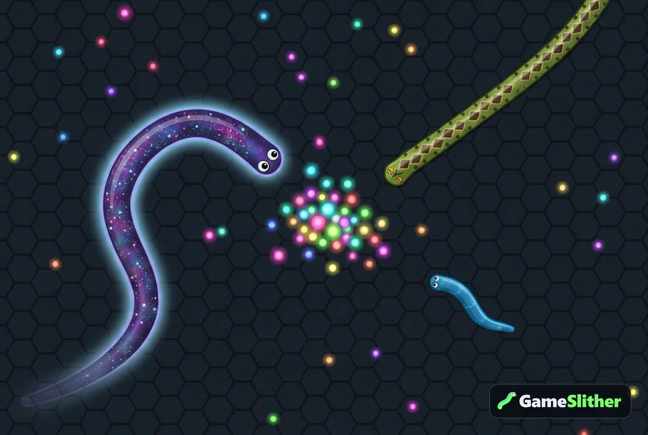Three snakes with different skins racing for a glowing cluster of pellets after a crash
