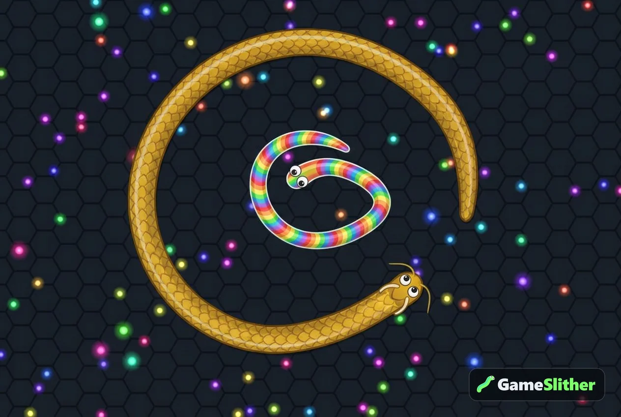 A long golden snake curving to trap a smaller colourful snake in an online arena