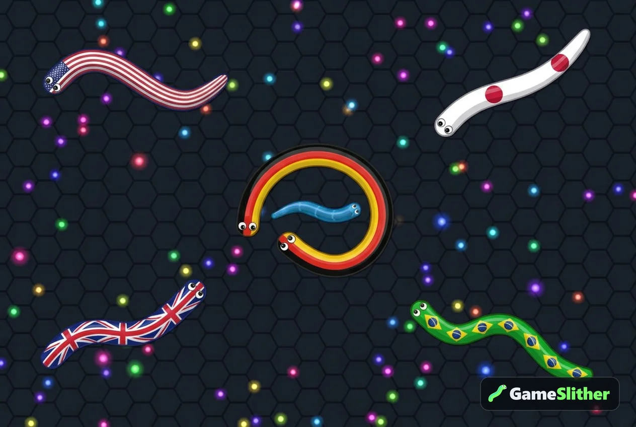 Five flag-skinned snakes in a private room match, one coiling around a smaller blue snake