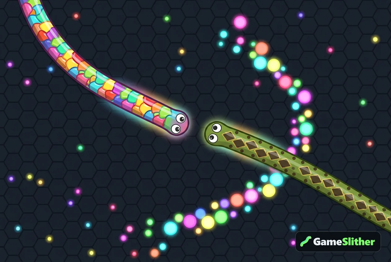 Two snakes boosting toward a trail of glowing pellets left by a defeated player