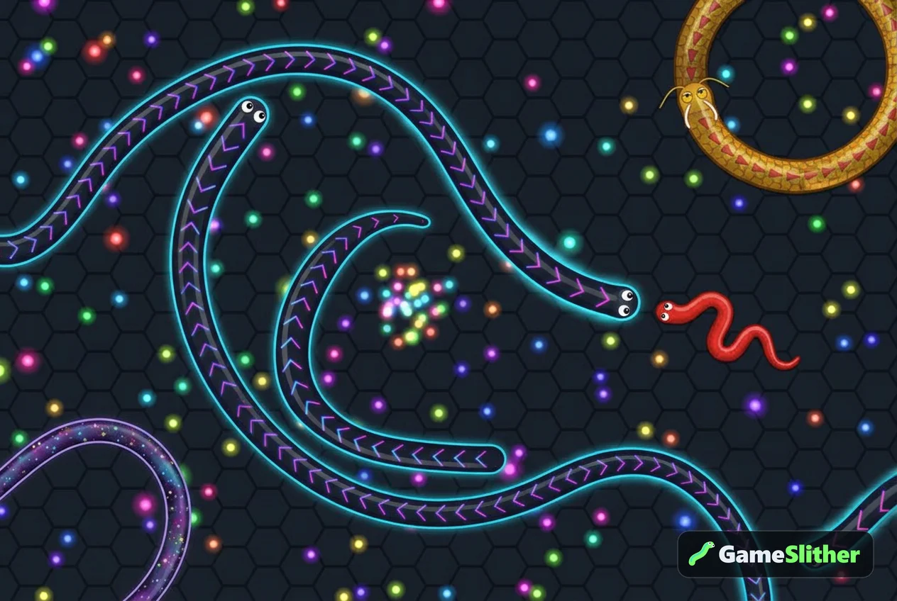 Slither io vs agar io comparison: a small snake cutting off a much longer neon snake in a browser io game