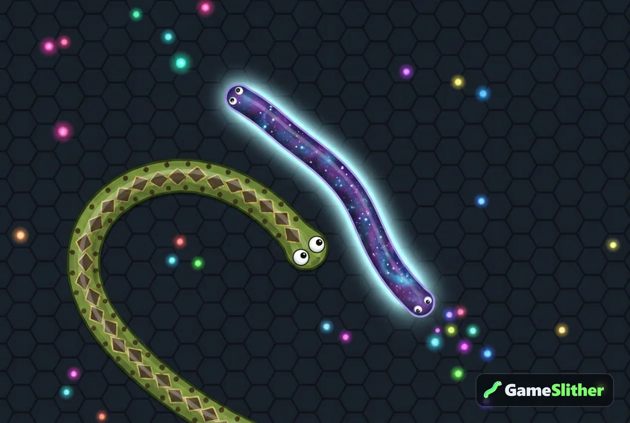 A galaxy-skinned snake boosting with a glowing trail while another snake swerves away