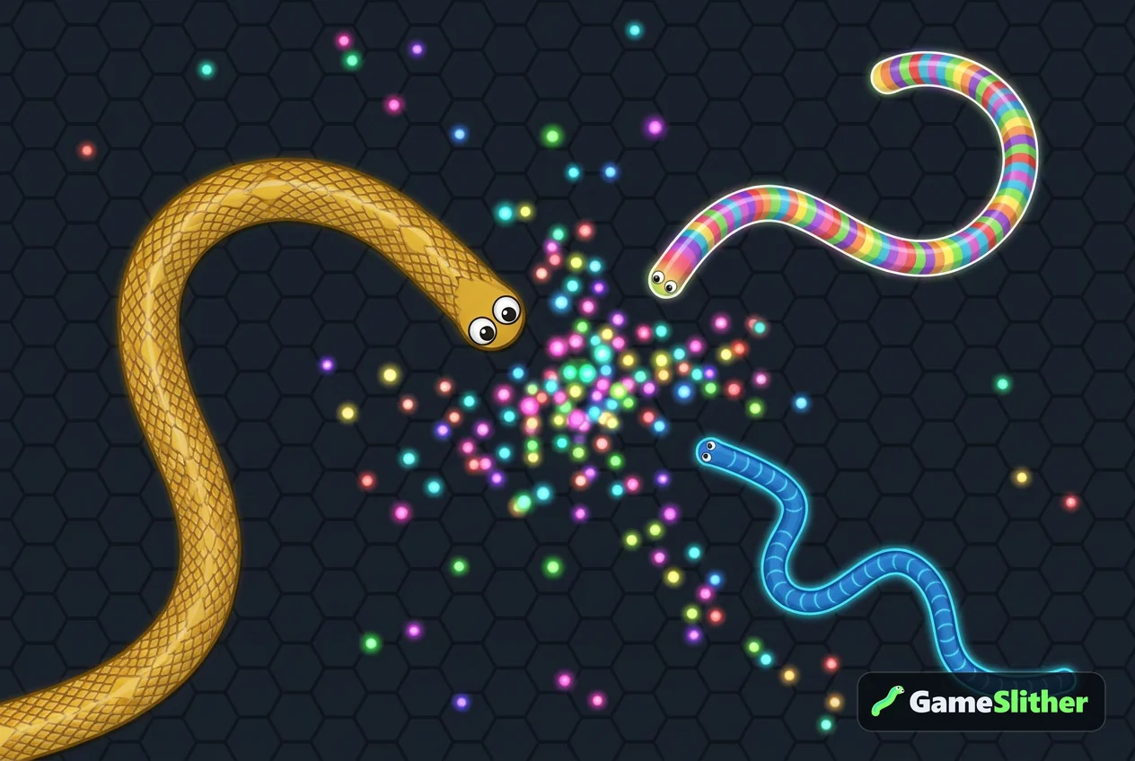 Three colorful snakes racing toward the glowing pellets left by a defeated snake