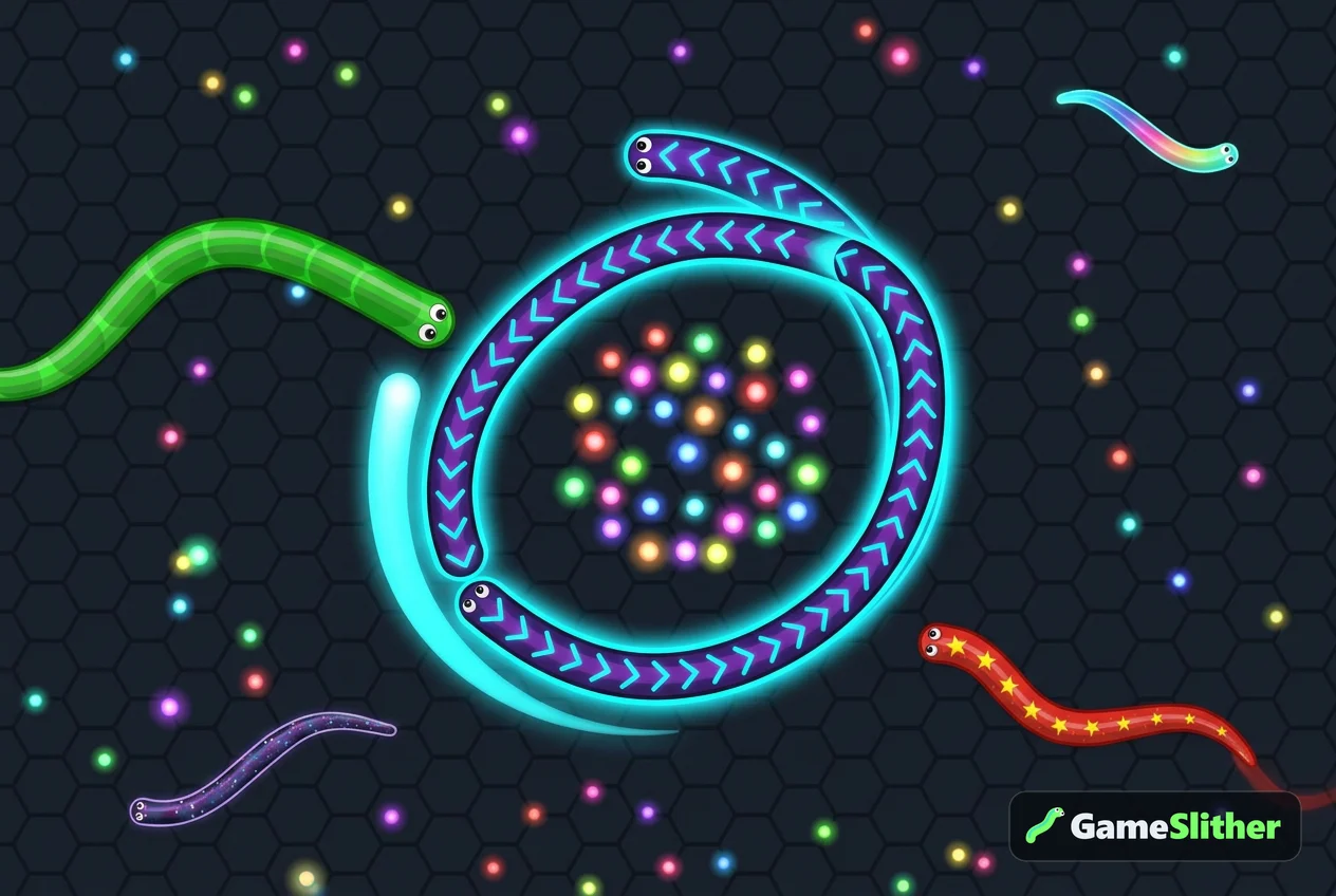 Neon snake curving around pellets, illustrating slitherio controls on iPad and smooth touch steering