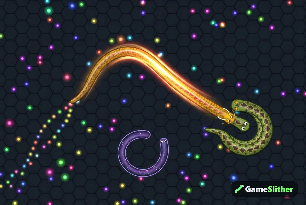 A glowing boosting snake chasing a smaller snake that dodges with a sharp turn