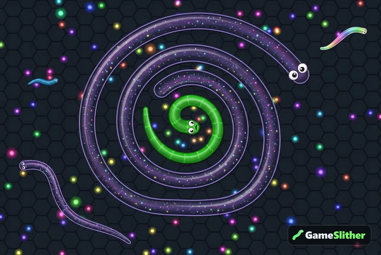 A long galaxy-skinned snake coiling around a smaller snake to trap it