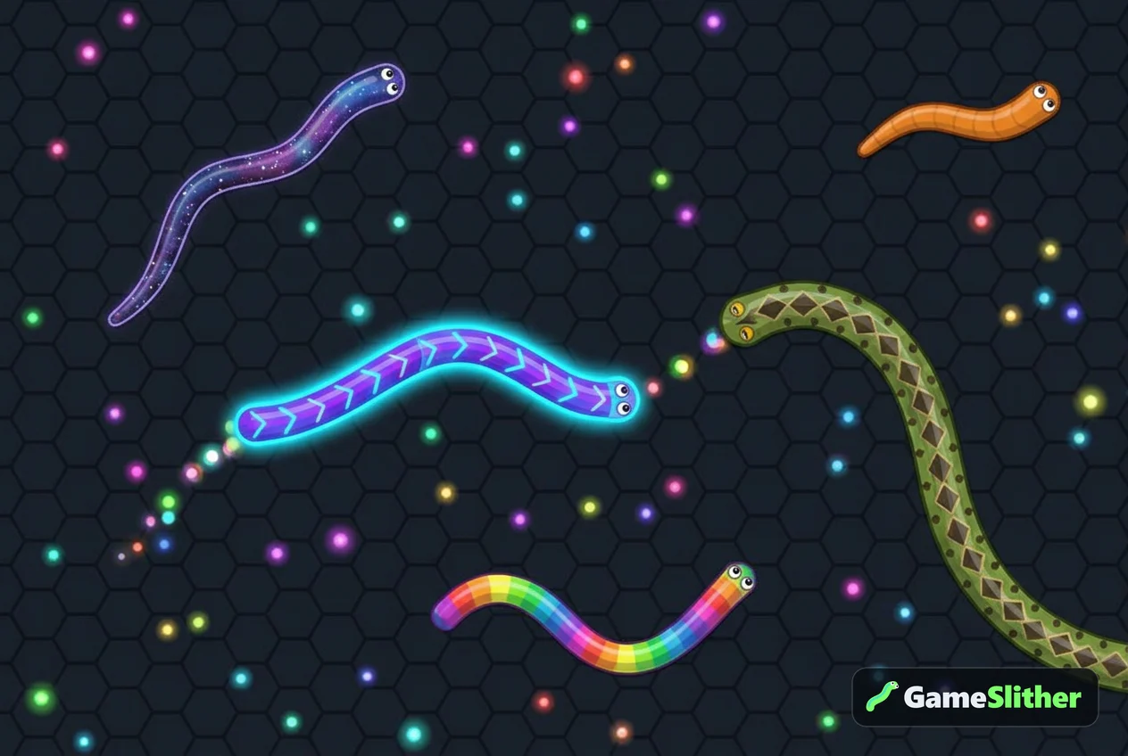 A boosting neon snake leaves a trail of pellets that a chasing snake collects