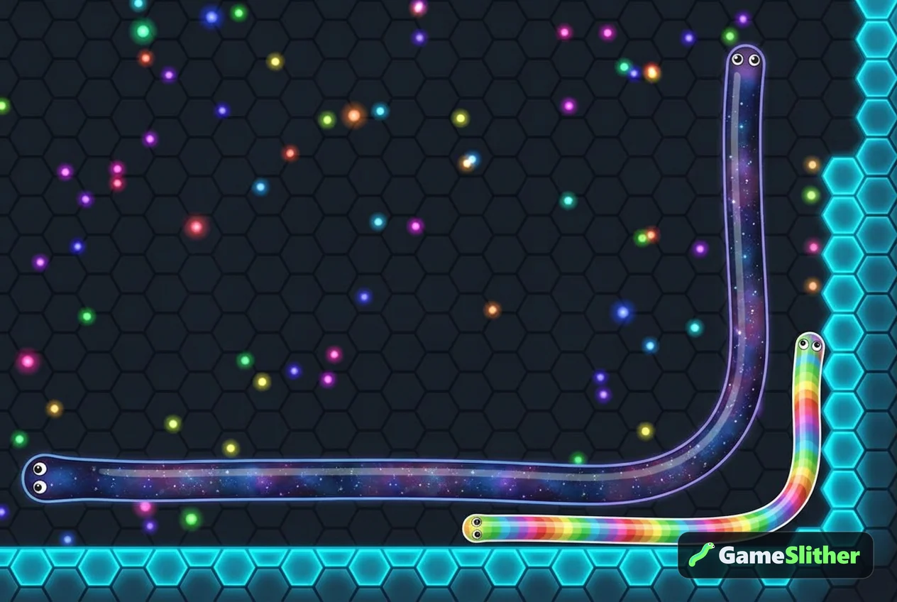 A small snake trapped against the arena border by a longer snake running parallel