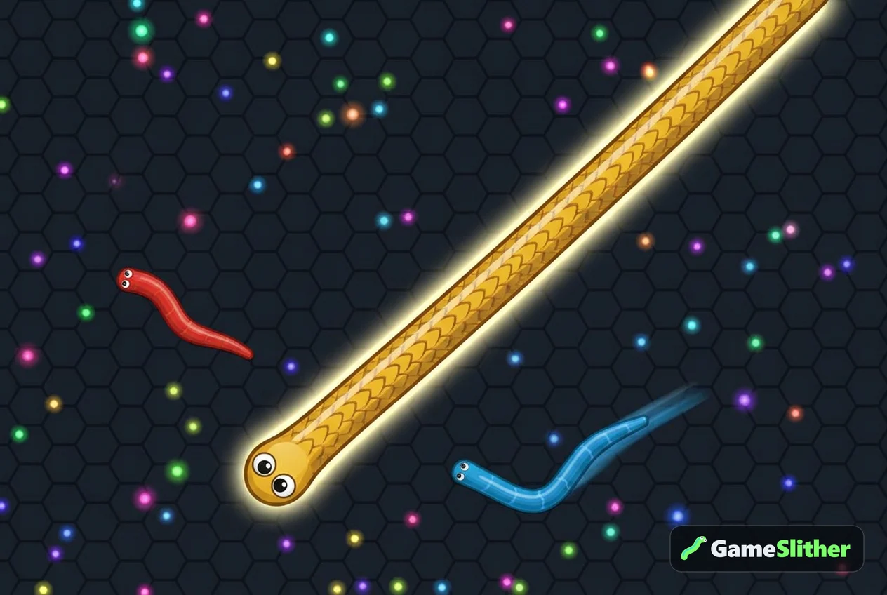A long golden snake boosting with a glowing trail while smaller snakes scatter
