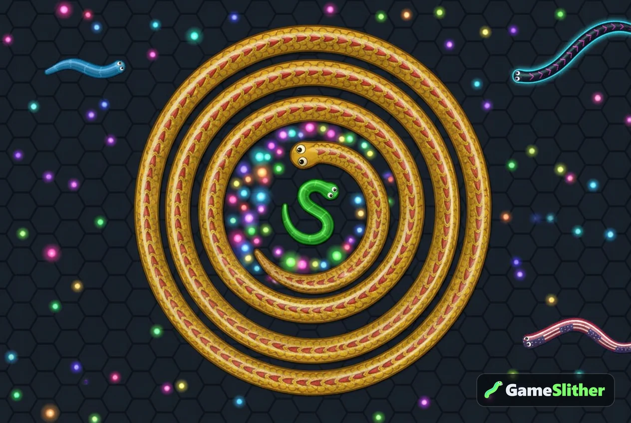 A large golden snake coiling in a spiral around a small trapped snake