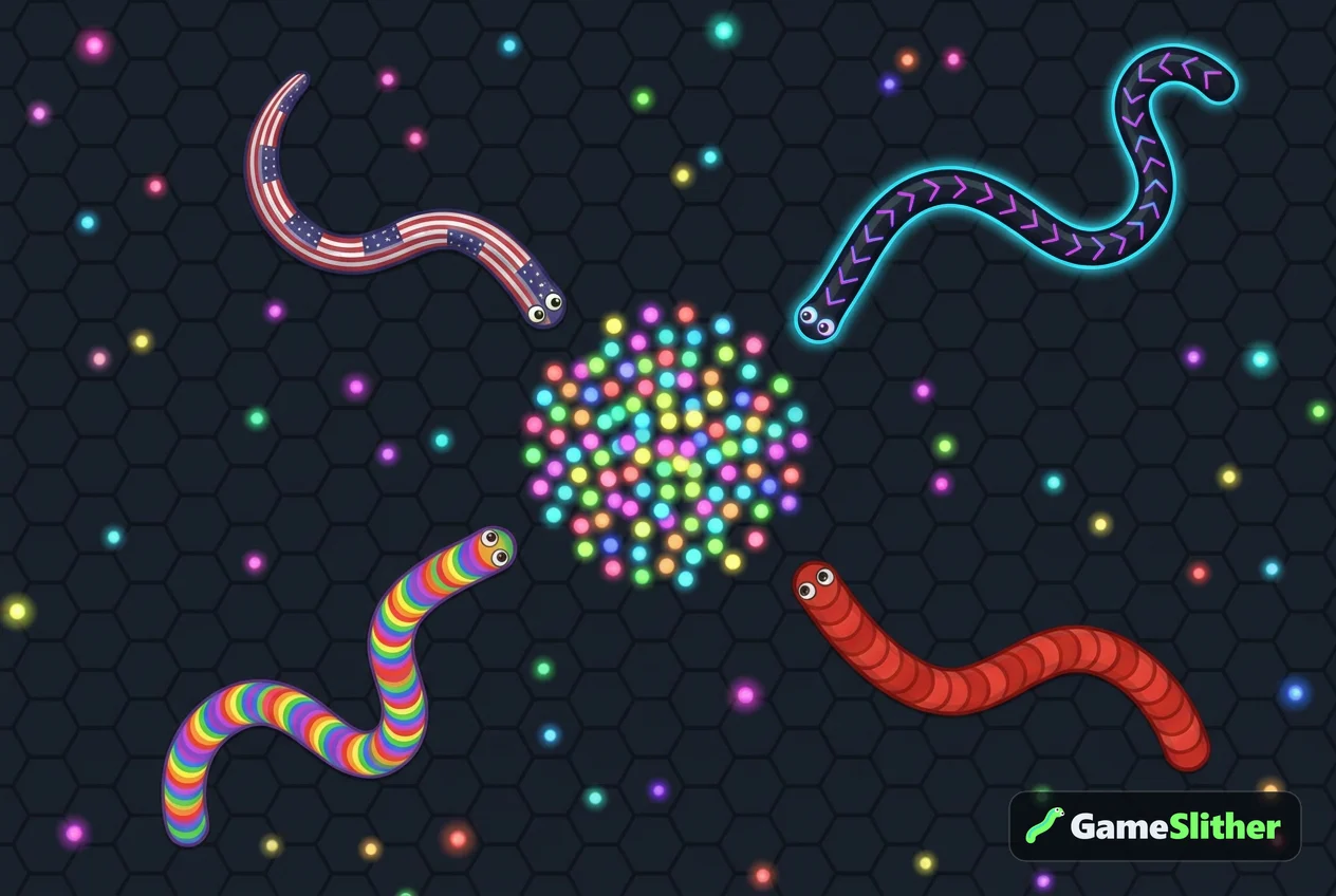 Four friends' snakes racing for pellets in a private room on GameSlither