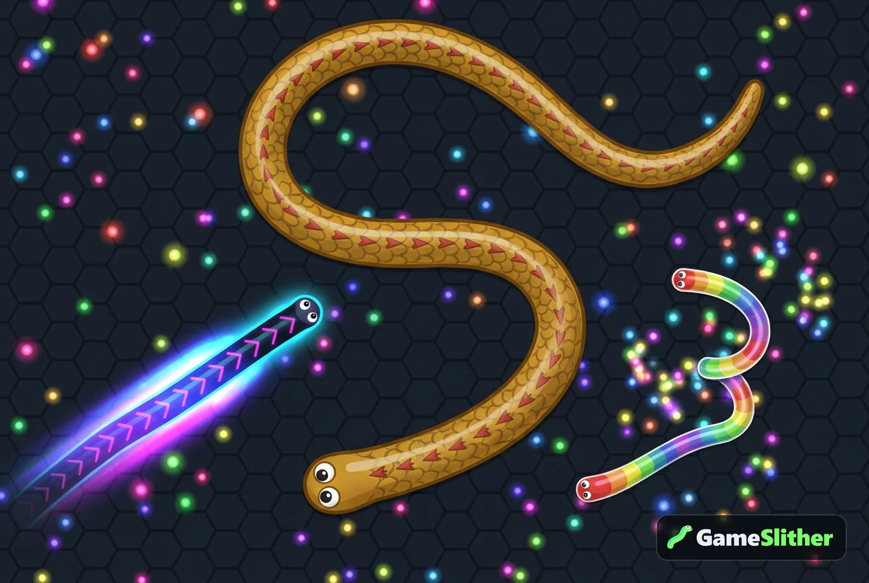Snake io vs wormate io comparison scene with three snakes racing across a pellet-filled arena