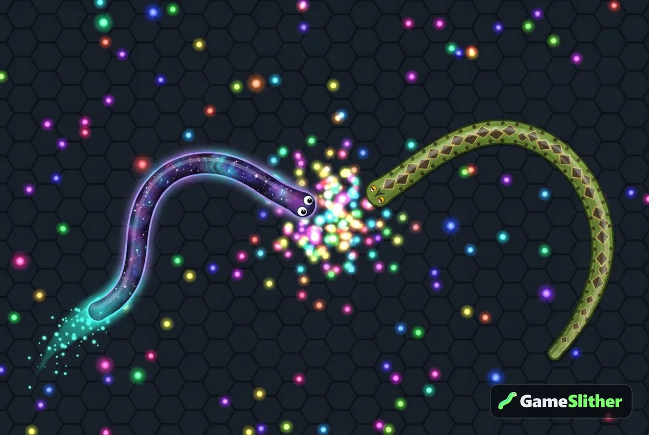 Two snakes racing for the glowing pellets dropped by a defeated snake
